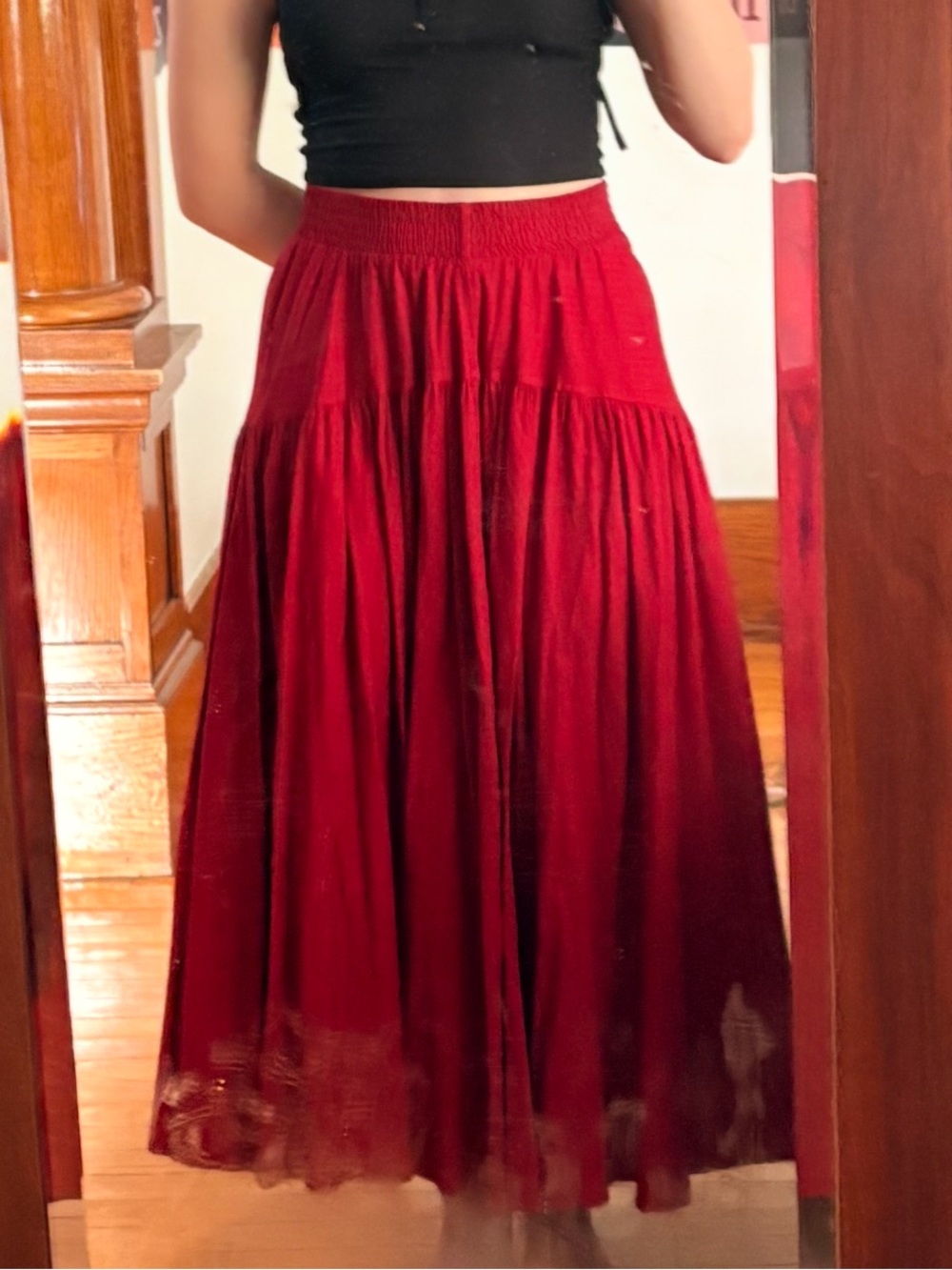 Kenzo Paris  Vintage Cotton deep Red Tiered Maxi Skirt Luxury Designer  Medium